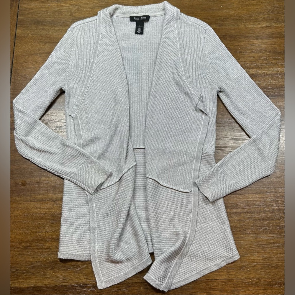 White House Black Market Size S Silver Sparkly Ribbed Open Front Long Cardigan